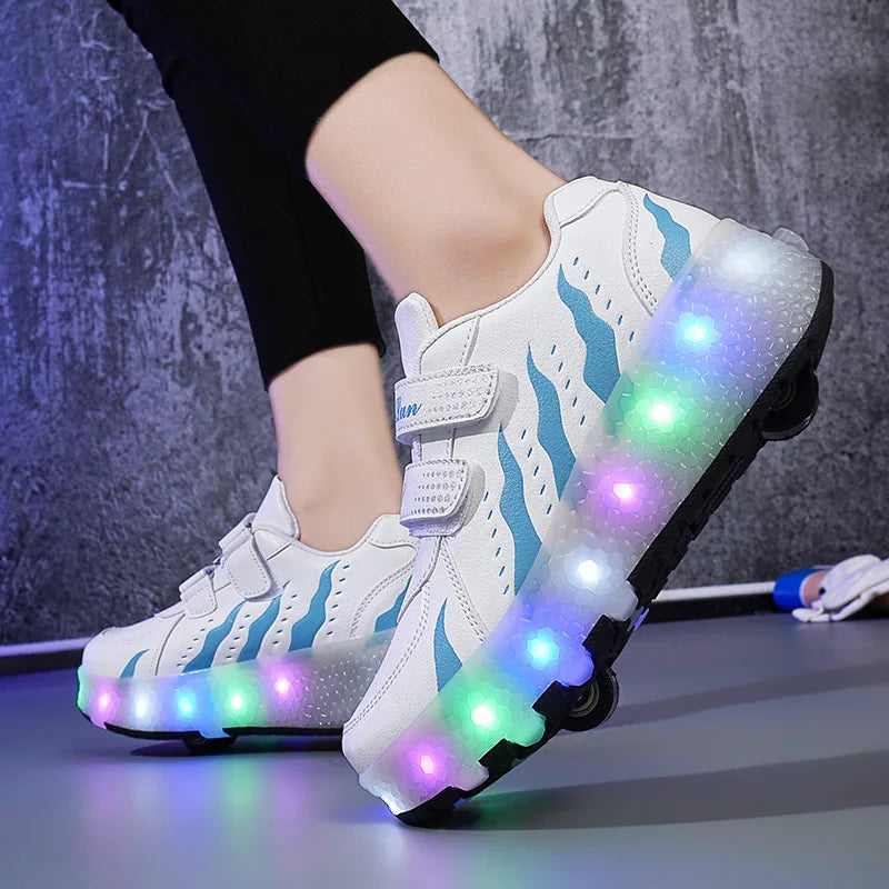 Ponerait Boys and Girls Sport Shoes LED Light Luminous Walking Shoes with Wear-Resistant Pulley Children's Two-Wheel Wearable