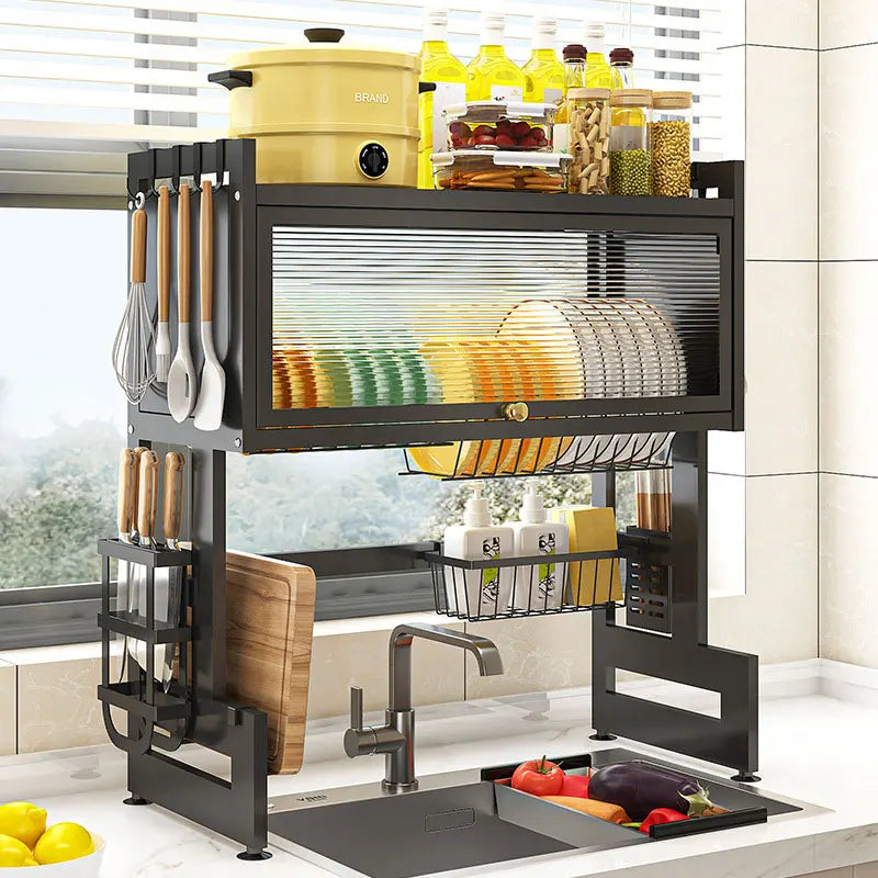 Over Sink Dish Drainer Drying Rack Removable 3 Tier Large Cutlery Shelf  with Dustproof Cover Kitchen Storage Counter Organizers