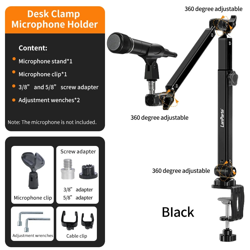 LanParte Aluminum Alloy 360 Degree Adjustable Podcast Microphone Stand Holder with Desktop Clamp Mount