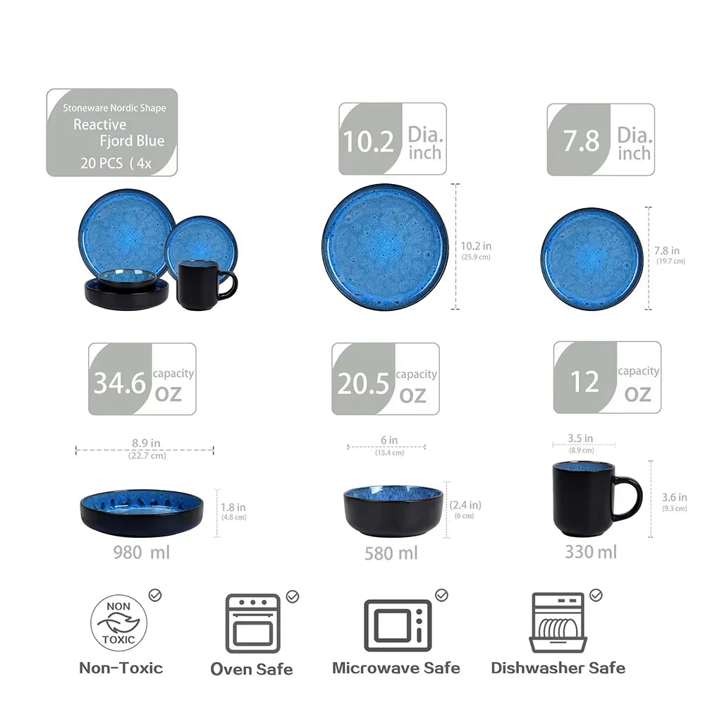 Best Selling Microwave Oven Compatible and Oven Safe Blue Foam 20 Piece Tableware Set Reactive Glaze Stone Tool Tableware Set