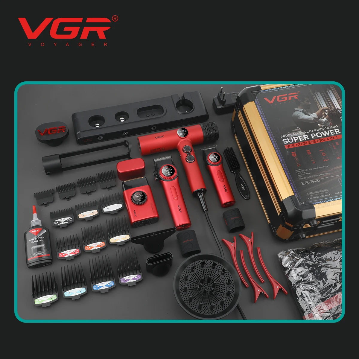 VGR 4IN1 Steplerss PRO 9000RPM Hair Clipper Trimmer Hair Dryer 11000RPM High Speed Professional Barber Tools Kit