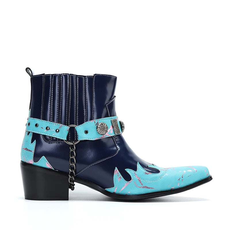 NA444 Personality Men's Genuine Leather Ankle Boots for Party and Wedding Botas Hombre High Heels Blue Navy Boots for Men
