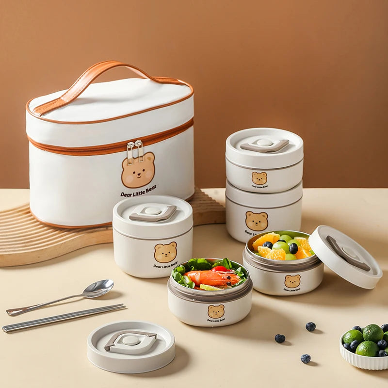 Cute Kid-Sized School Lunch Box Portable 304 Stainless Steel Vacuum Soup Container with Insulated Bag for Hot Food Storage