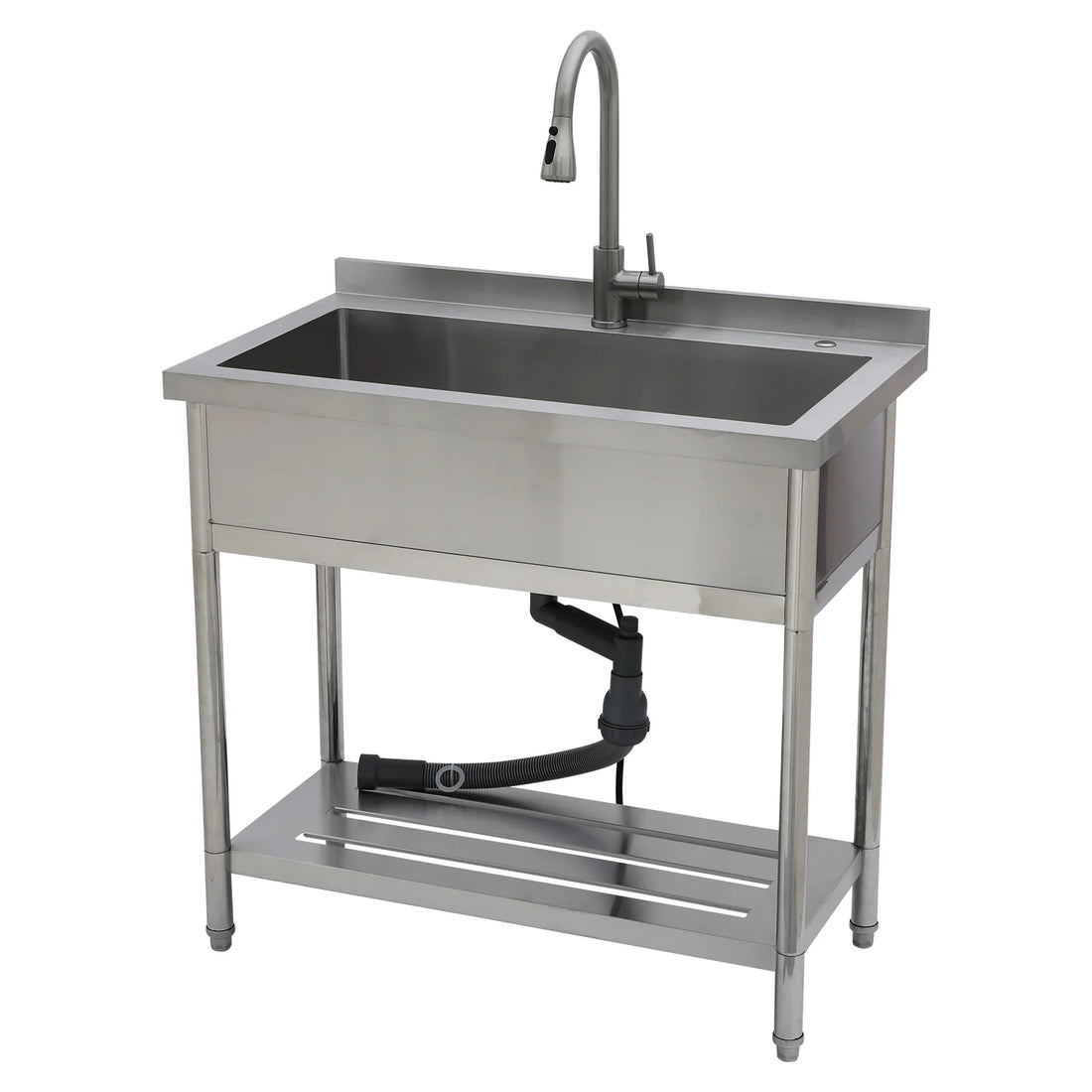 Commercial Stainless Steel Single Bowl Freestanding with Pull-Out Faucet for Laundry Indoor and Outdoor Sink Pet Cleaning
