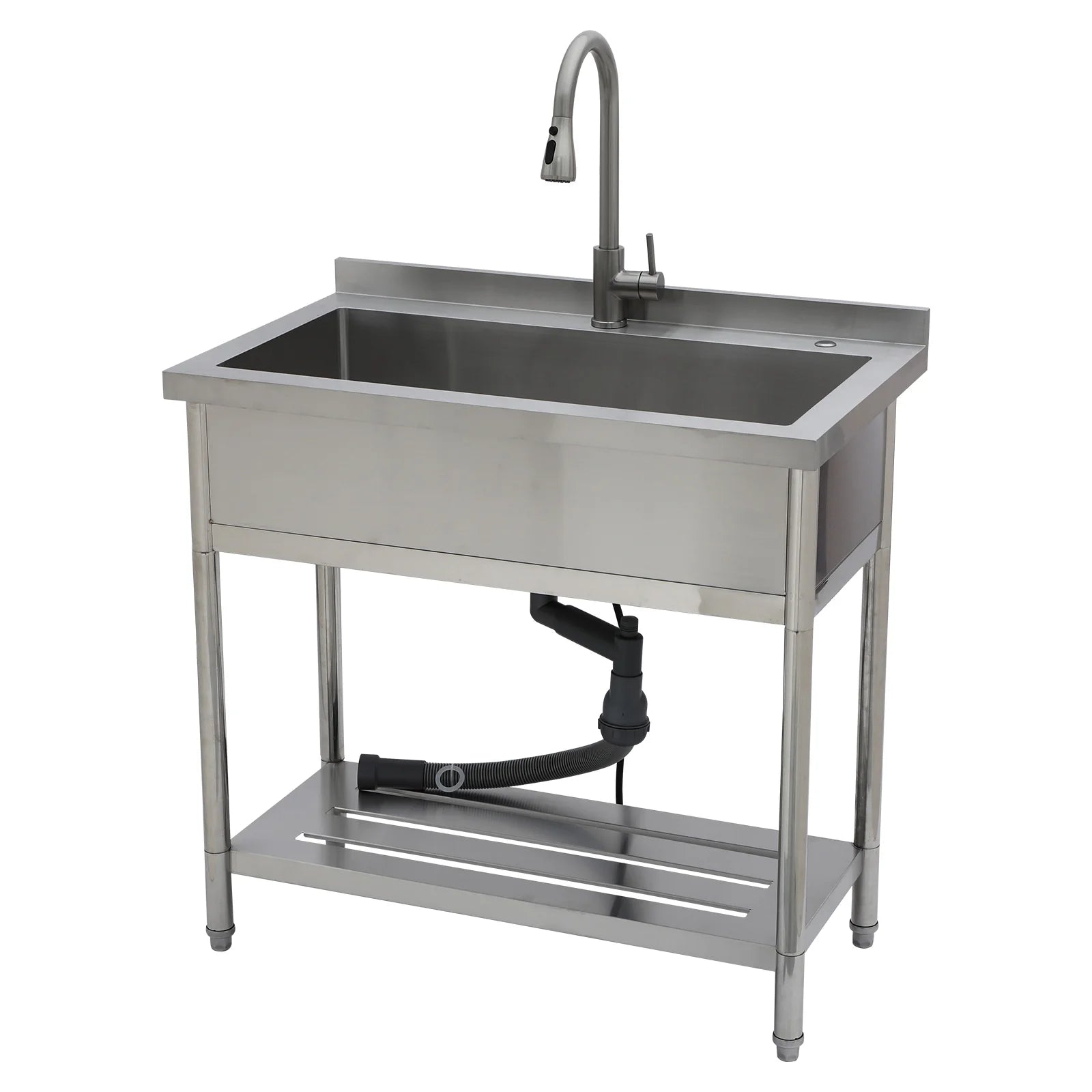 Commercial Stainless Steel Single Bowl Freestanding with Pull-Out Faucet for Laundry Indoor and Outdoor Sink Pet Cleaning