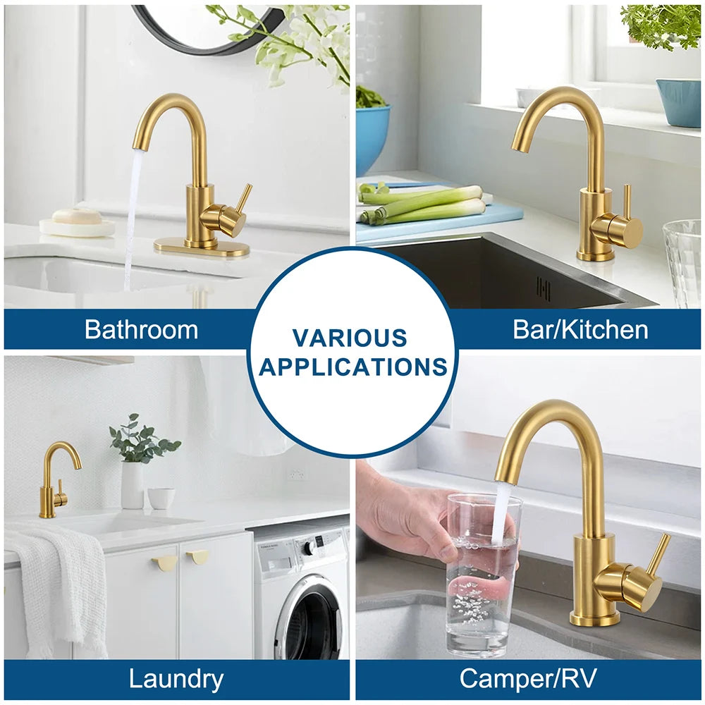 Modern Bar Sink Faucet Single-Handle Gold Mini Kitchen Faucet, 1 Hole Wet Bar Sink Faucets with Deck Plate for bar RV Laundry