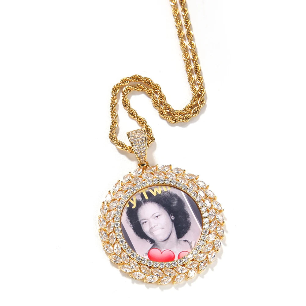 Bling CZ Custom Circle Sublimation Photo Pendant Hip Hop Picture Pendant Necklace With Tennis Chain Rope Chain