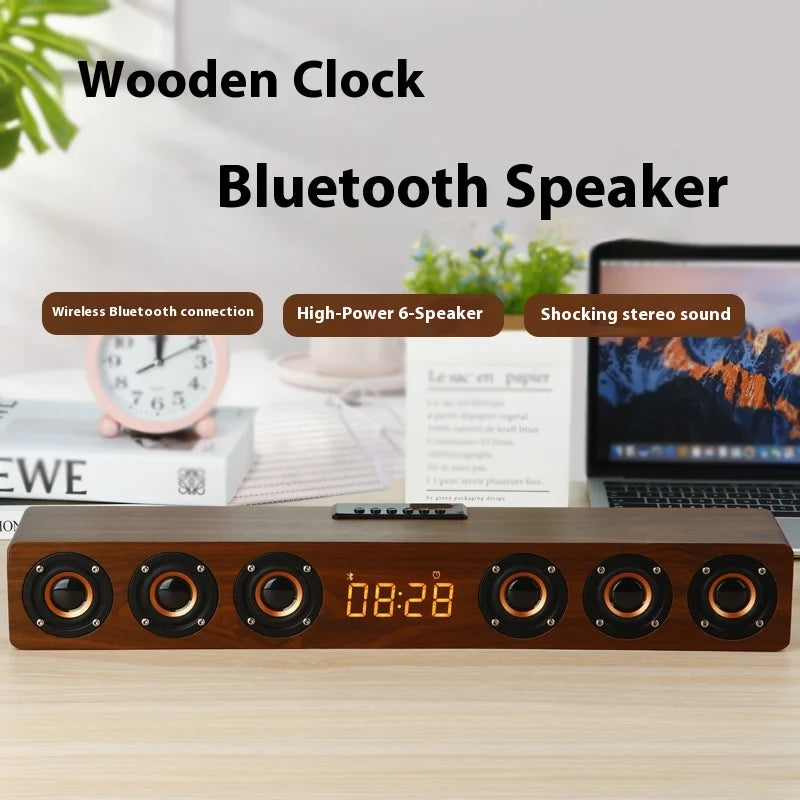 K6 Multifunctional Home Theatre Soundbar Speaker with RGB LED Lighting Wooden for Bluetooth Subwoofer Clock Alarm Battery