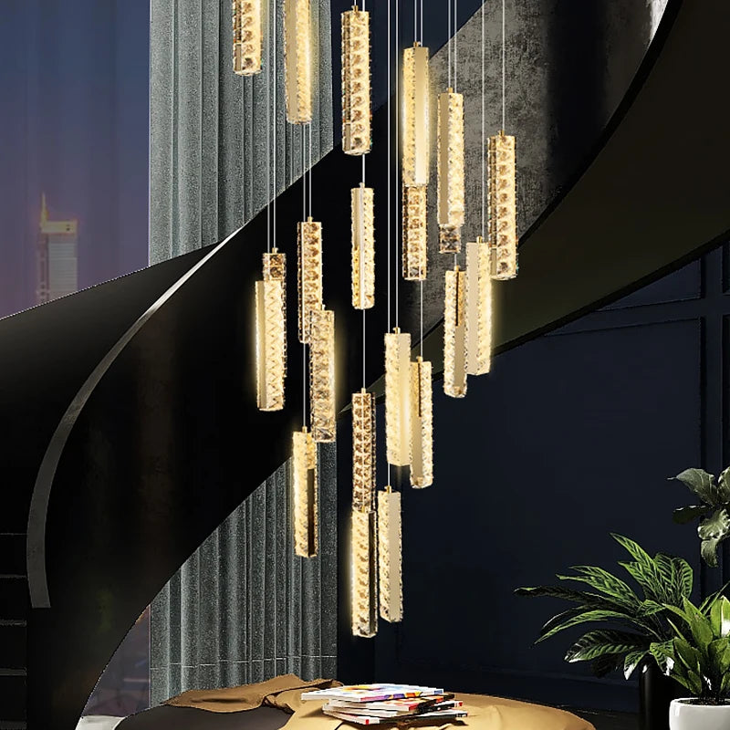 Modern Luxury Large High Ceiling Spiral Stairs Lamp Led Pendant Light Long Staircase Crystal Chandelier
