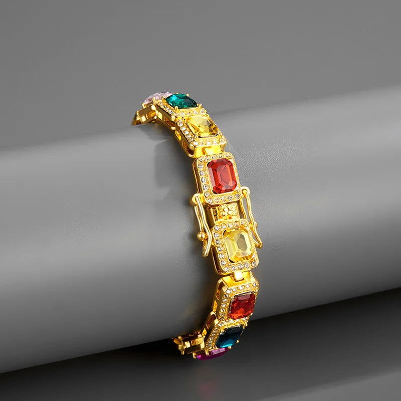 2025 Ladies Hip Hop Silver/gold Zircon Box Rainbow Color Cz Diamond Tennis Cuban Link Chain Choker Necklaces and Bracelets 10mm
