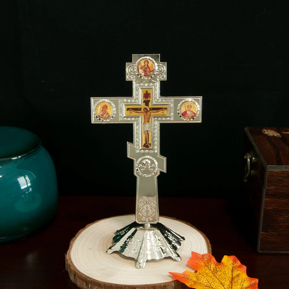 Orthodox Church Blessing Cross With Stand for Church Decoration Gold Planting Jesus Crucifix Image Religion Gift Altar Cross