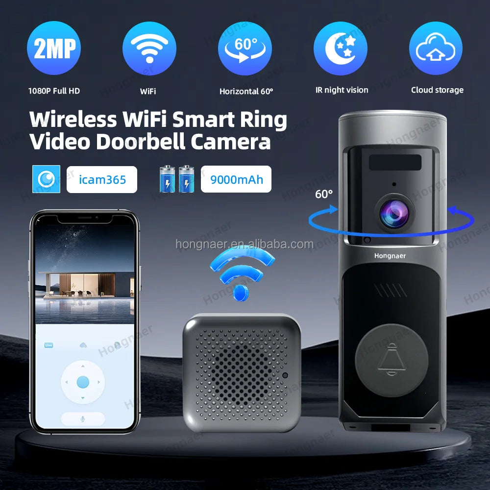 Hongnaer 2MP WiFi House Battery Intercom Intelligent Door Bell Ring Doorbell Camera ICam365 WiFi Smart Wireless Video Doorbell