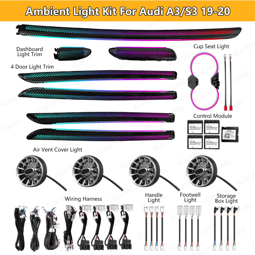 64 Colors Dynamic Ambient Light for Audi A3 S3 8V 2013-2020 Car Interior Lighting Upgrade Accessories Air Vent Light