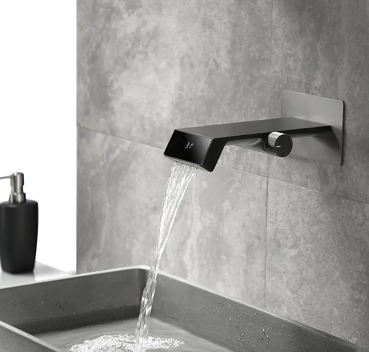 New Trend Wall Mounted Gun Gray Waterfall Lavatory Sink Smart Faucet Mixer Tap with Digital Temperature Display