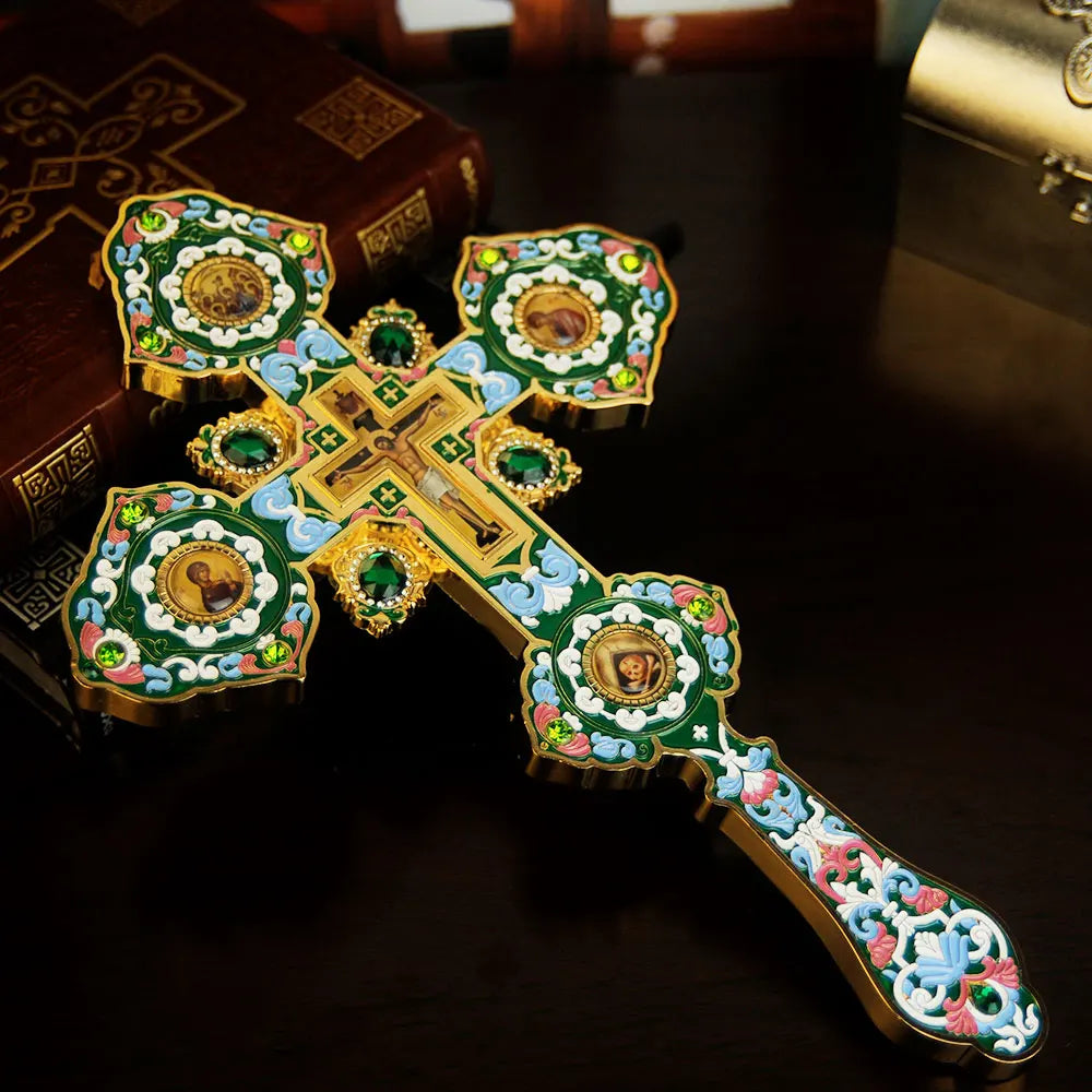 HT 2026 New Metal Cross Religious Jesus Icon Alloy Cross Standing Crucifix Decorative Orthodox Hand Cross Religious Gift