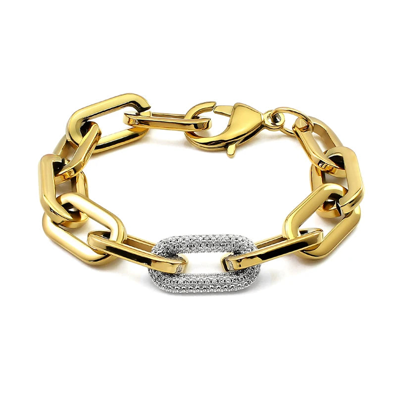 Stainless Steel Crystal Link Chain Bracelets for Women Men Exaggerated Gold Color Thick Big Bracelets Bangle Geometric Links