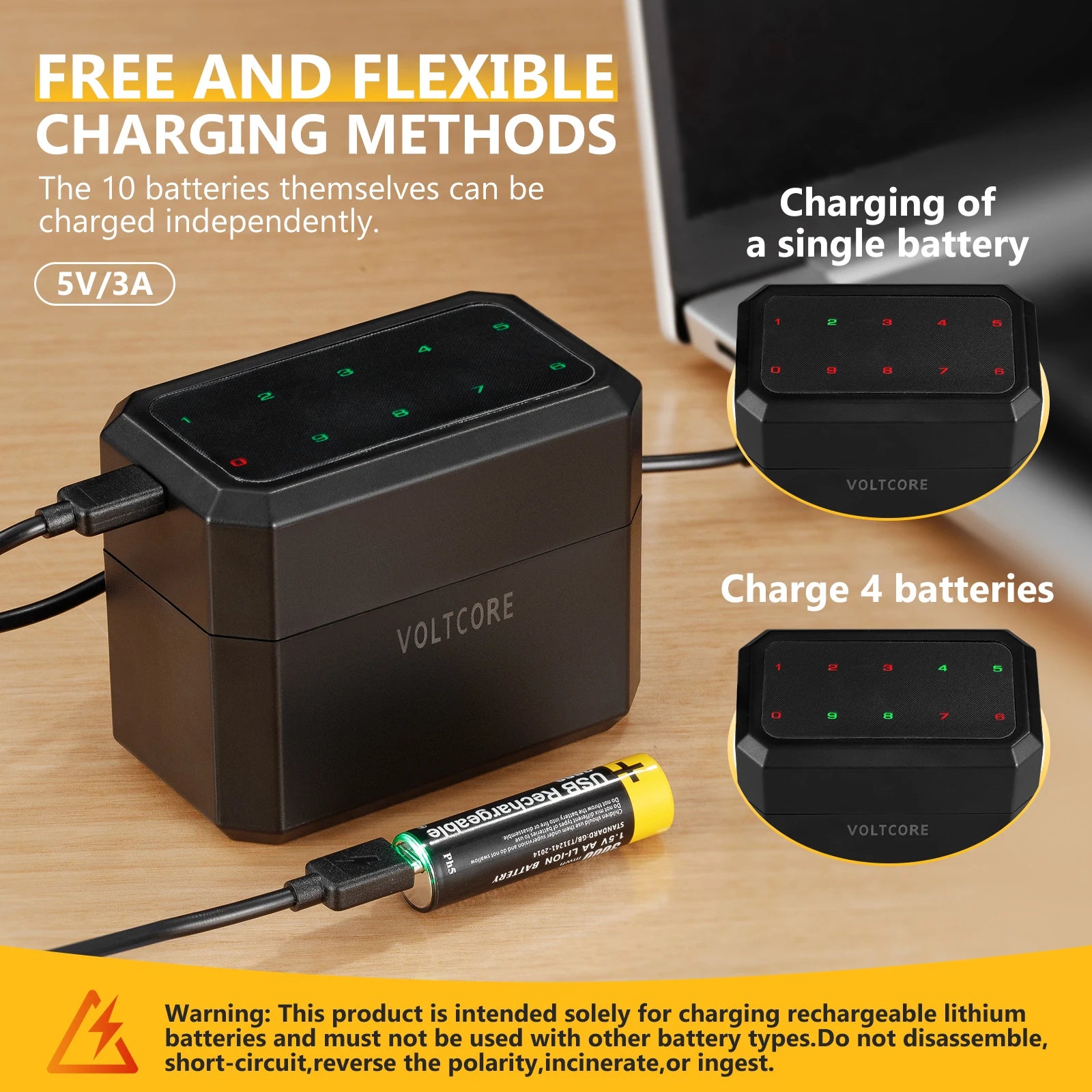 VOLTCORE 1.5V AA Rechargeable Batteries Cylinder Li-ion Batteries and Intelligent Charger with Charging Indicator
