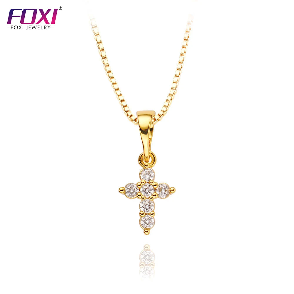 Foxi Fashion Minimal Jewelry 18k Gold Diamond Mini Cross Pendant Necklace for Women