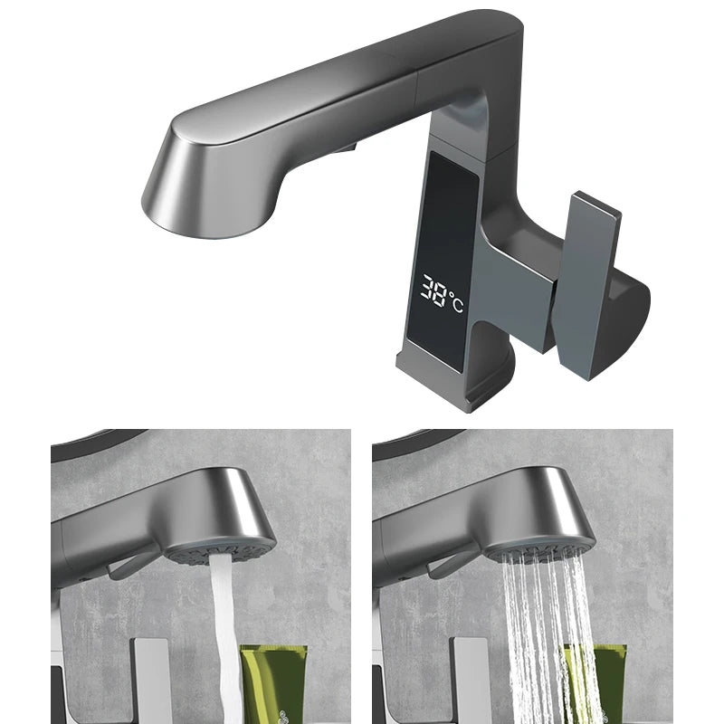 New 360 Degree Rotary Brass Basin Tap Gun Grey Pull Out Hot and Cold Bathroom Faucet with Temperature Digital Display