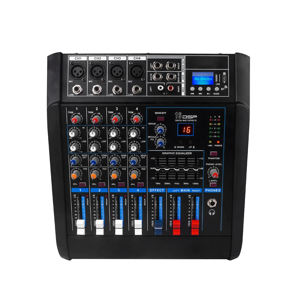 Professional Stage Party Use 4-Channel USB Audio Mixer with 250W*2 Power Amplifier and 2 UHF Wireless Microphones