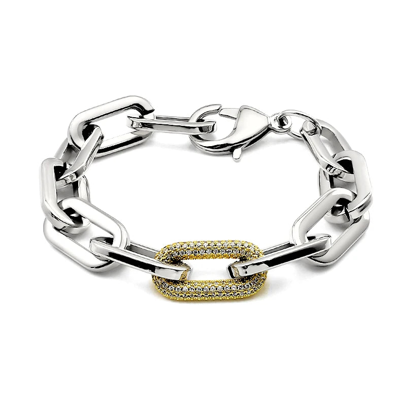 Stainless Steel Crystal Link Chain Bracelets for Women Men Exaggerated Gold Color Thick Big Bracelets Bangle Geometric Links