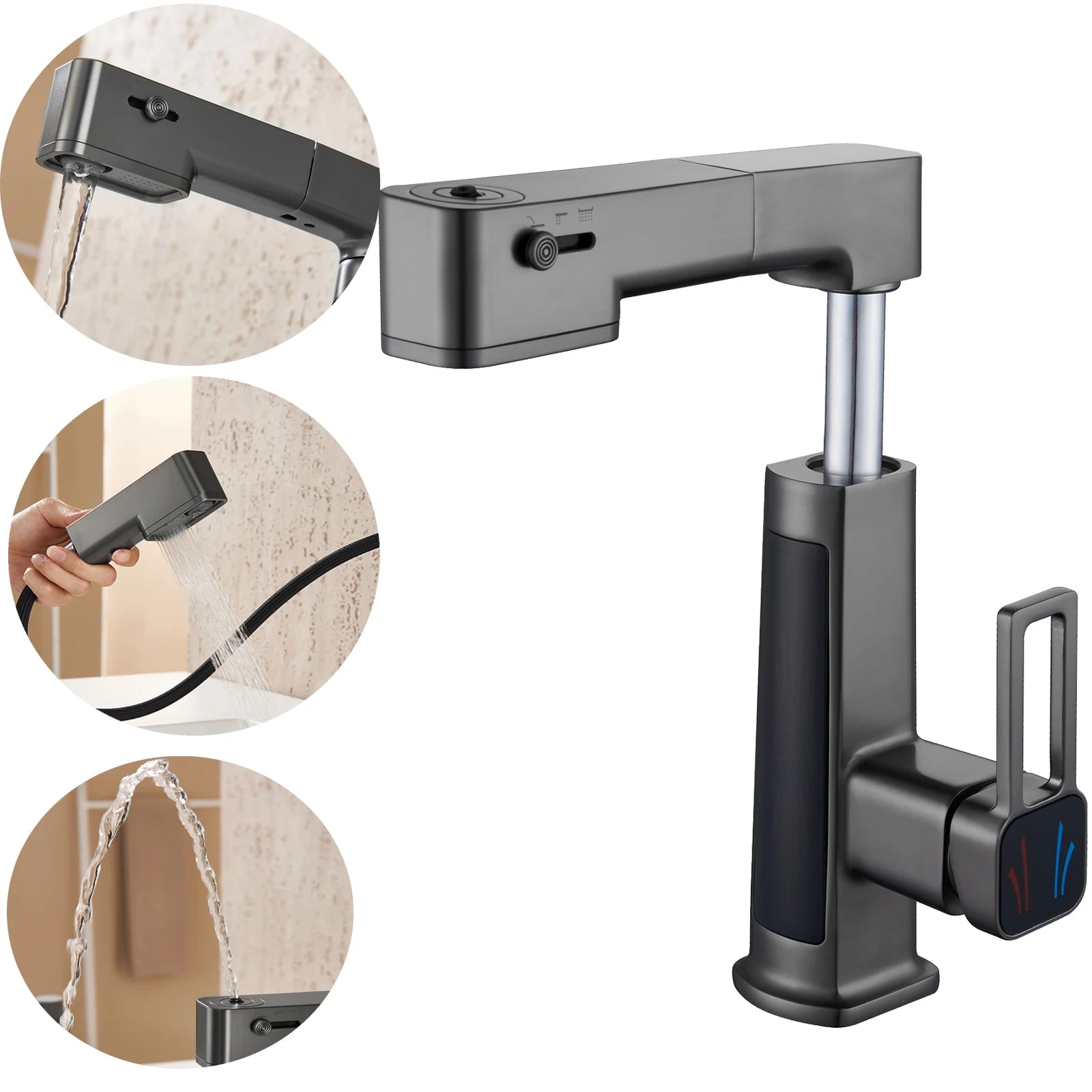 Basin Faucet Gray/White Brass Faucet  Pulling and Lifting Basin Faucet with Digital Display and Warm Atmosphere Light