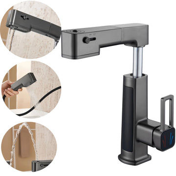 Basin Faucet Gray/White Brass Faucet  Pulling and Lifting Basin Faucet with Digital Display and Warm Atmosphere Light
