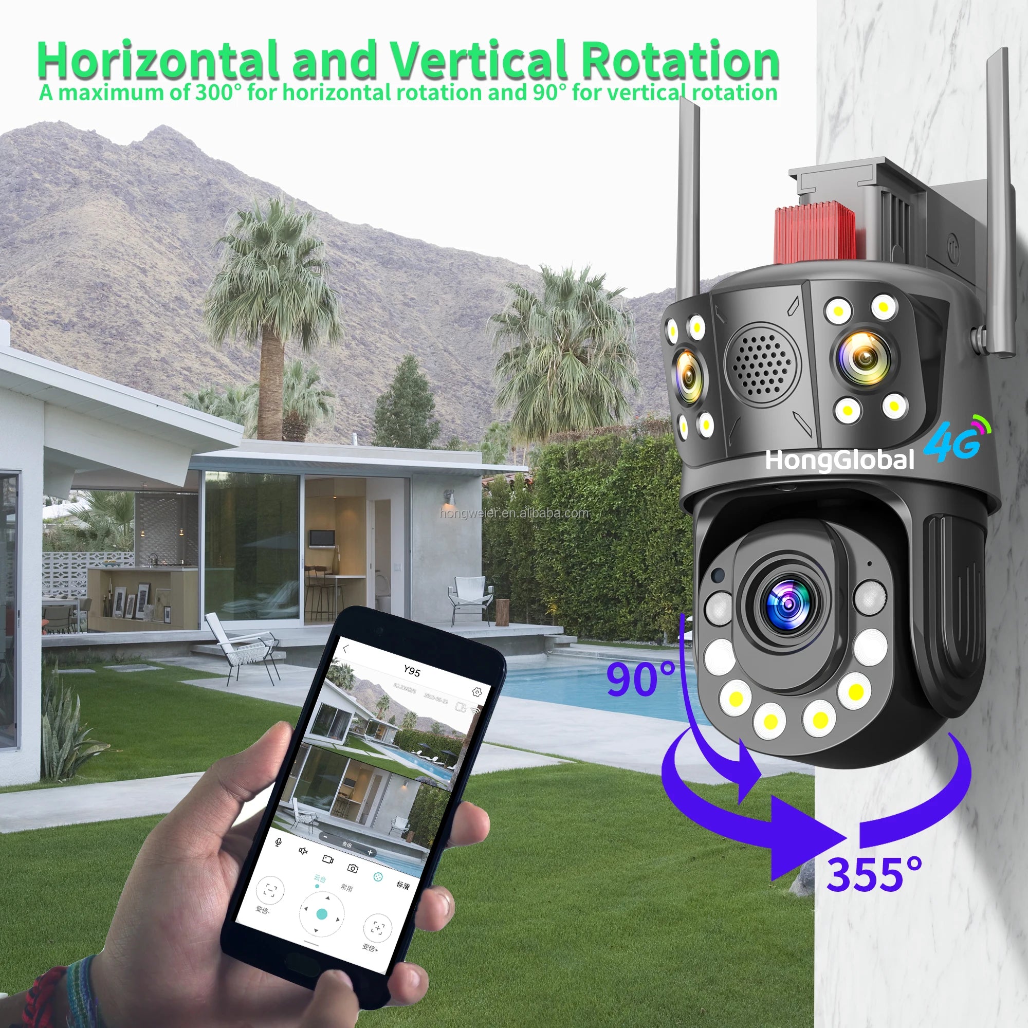 HongGlobal 12MP PTZ 4G Surveil Home Smart Security Camera ICSee Three Lenses 50X Optical Zoom 4G Sim Card CCTV Wireless Camera