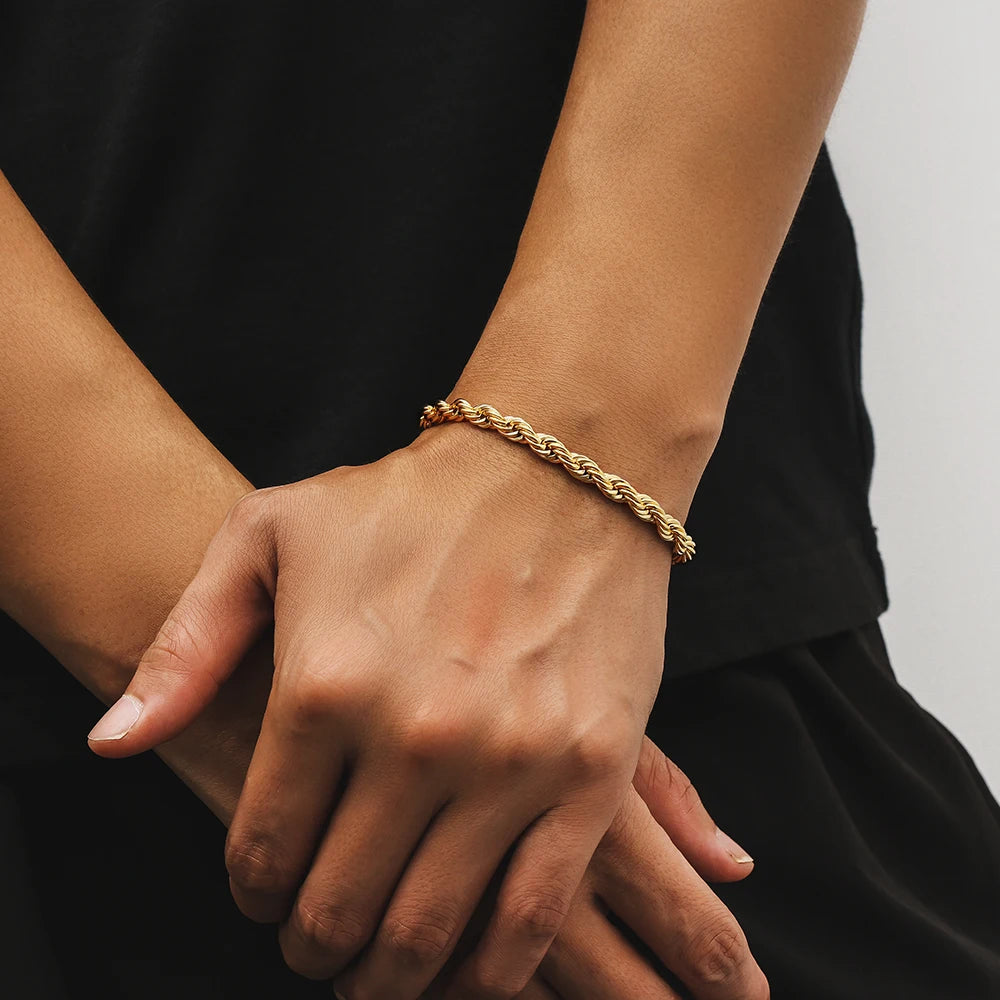 MEN Hip Hop Rope Link Chain PVD 18K Real Gold Plated Stainless Steel Jewelry Gifts Women 6MM Thick Woven Twisted Rope Bracelet