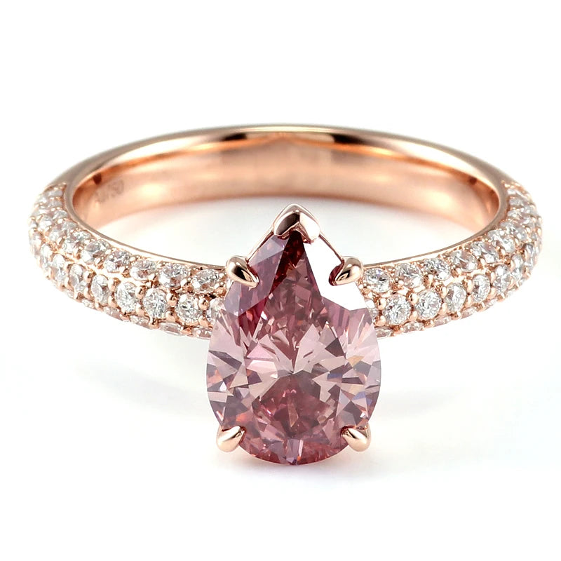 Fine Jewelry Rings Pear Cut pink Color 1 Cara Lab Diamond 18k Yellow Gold  Dainty Ring with Side Stones Ring for Woman Jewelry