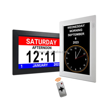 Pros 8" Digital Calendar Alarm Clock Analogue Dementia Clock Customizable Alarms Medication Reminders Auto DST Remote Control