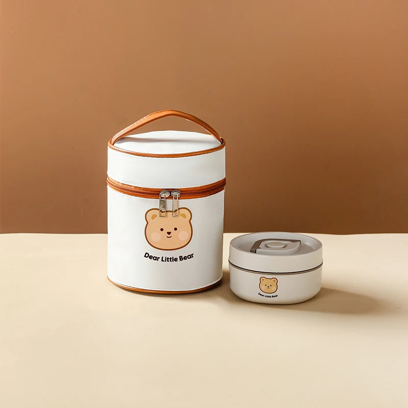 Cute Kid-Sized School Lunch Box Portable 304 Stainless Steel Vacuum Soup Container with Insulated Bag for Hot Food Storage