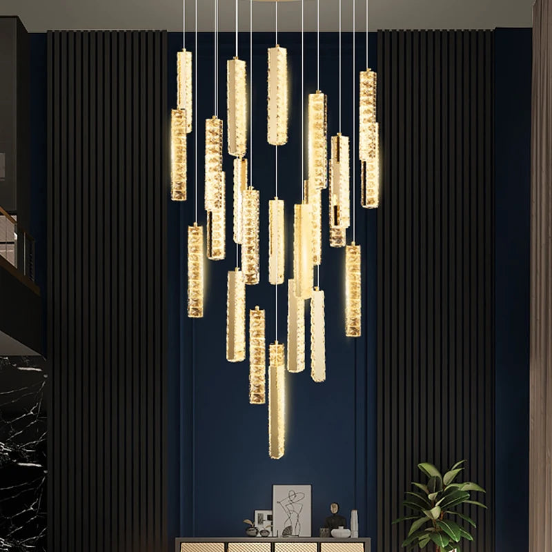 Modern Luxury Large High Ceiling Spiral Stairs Lamp Led Pendant Light Long Staircase Crystal Chandelier