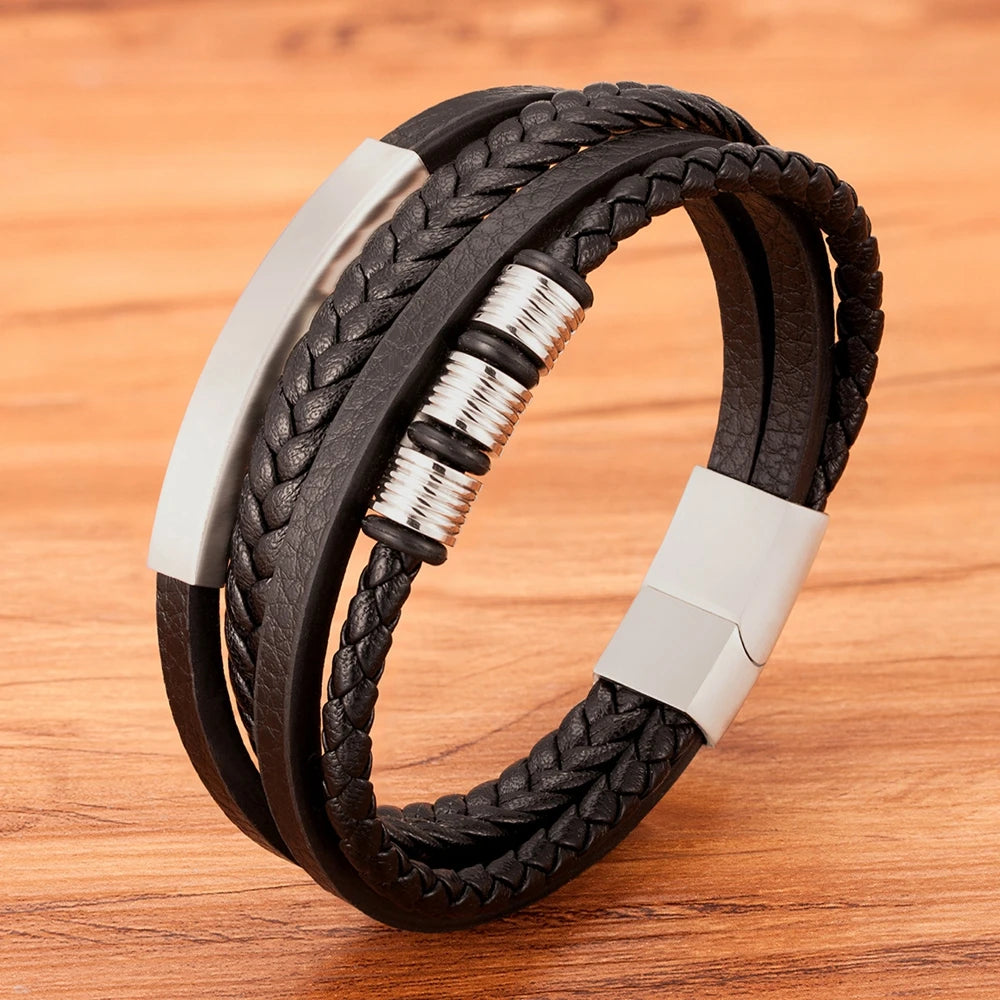 New Stainless Steel Black Multilayer Genuine Leather Bracelet for Men Magnetic Clasp Button Vintage Male Braid Bangle Jewelry