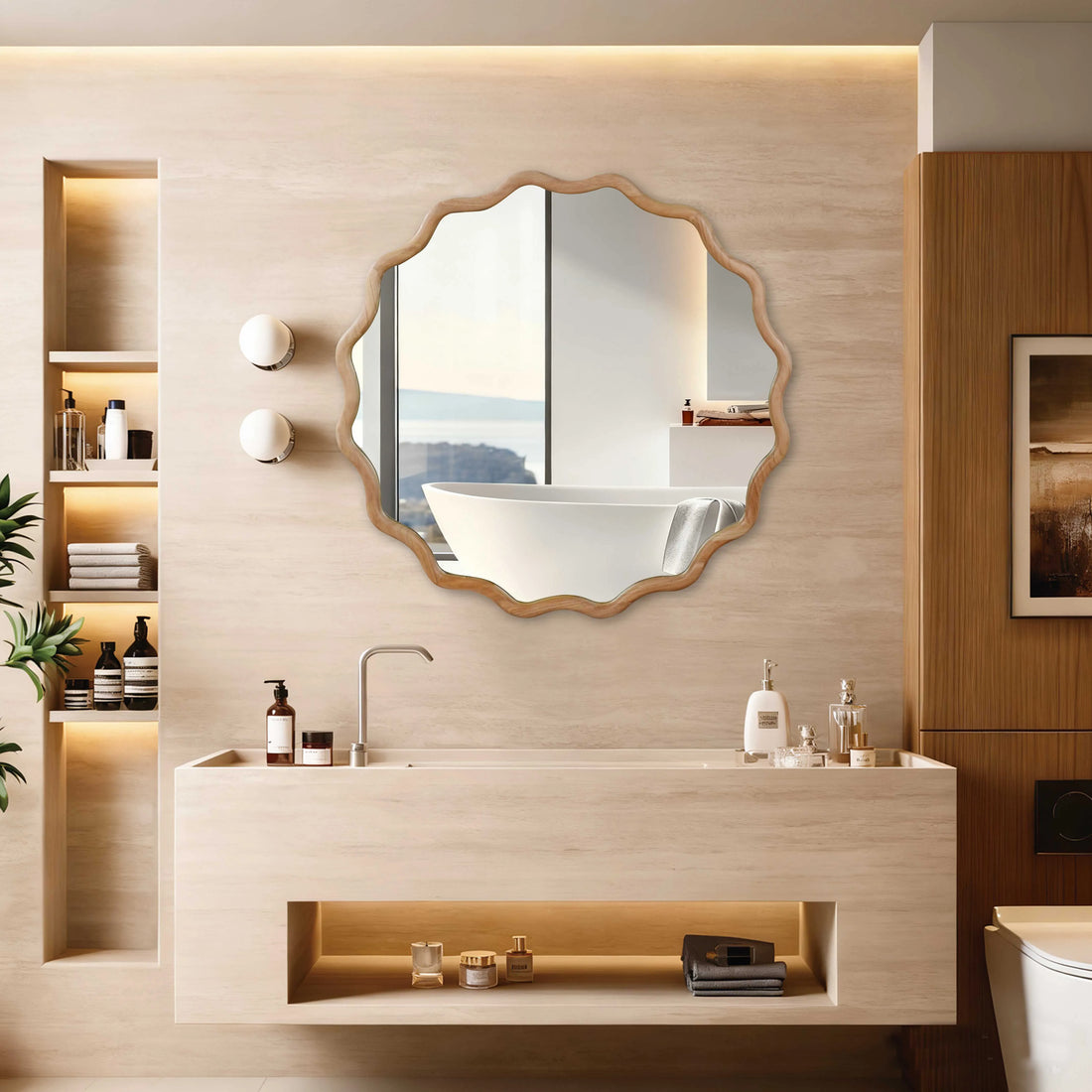Natural Wood Color 36-Inch Wavy Round Solid Wood Frame Decorative Mirror for Bedroom Bathroom Living Room Entryway