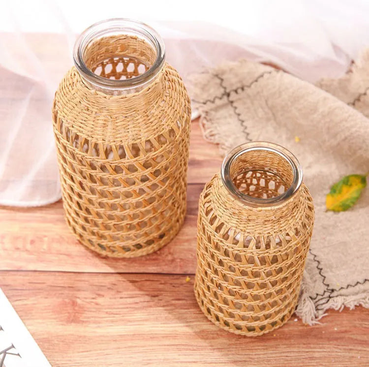 Home Decoration American Style Rustic Clear Woven Linen Woven Vase Glass for Garden Lass Rattan Vase