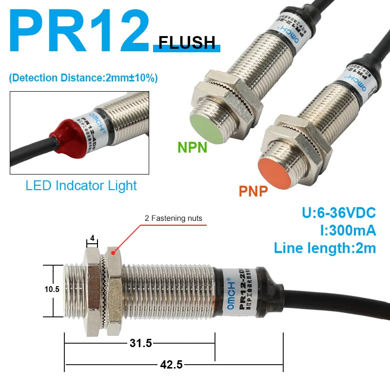 OMCH PR12 Flush Metal Inductive Proximity Sensor with NPN PNP Output SWITCH 2mm Detection Distance