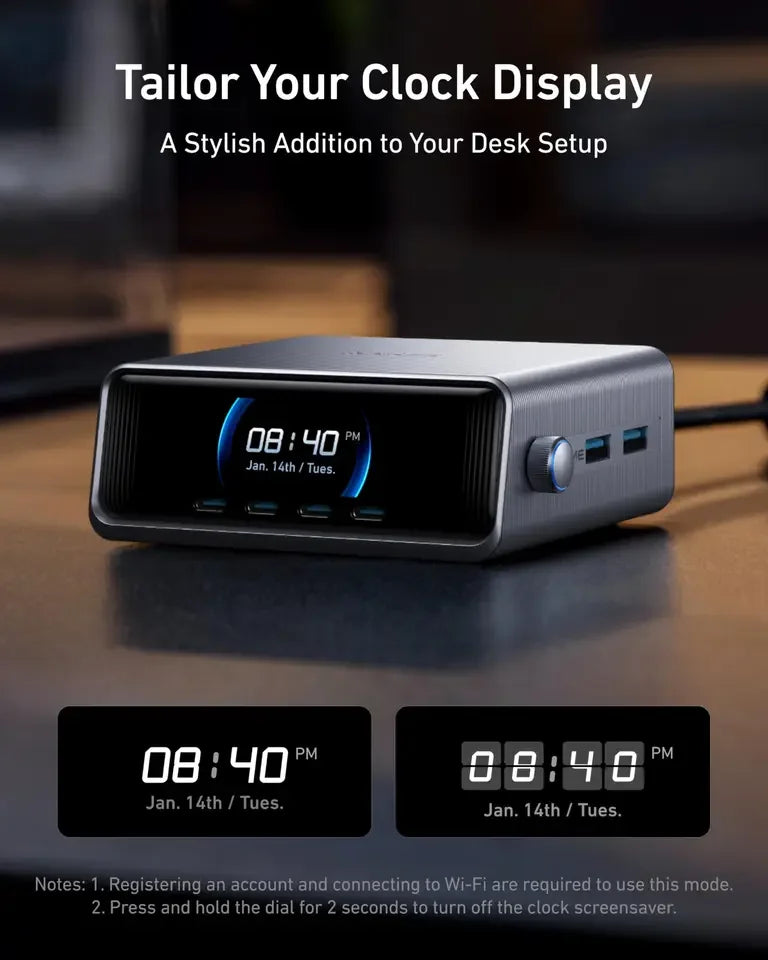 Anker Prime Charger 250W GaN Ultra-Fast 6-Port USB C Charging Station with 2.26\" LCD Display and Smart Control Dial A2345