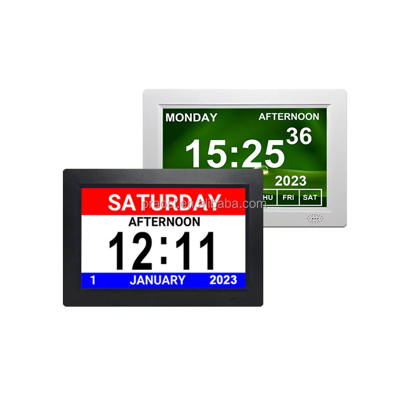 Pros 8" Digital Calendar Alarm Clock Analogue Dementia Clock Customizable Alarms Medication Reminders Auto DST Remote Control