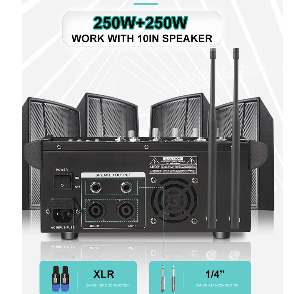 Professional Stage Party Use 4-Channel USB Audio Mixer with 250W*2 Power Amplifier and 2 UHF Wireless Microphones
