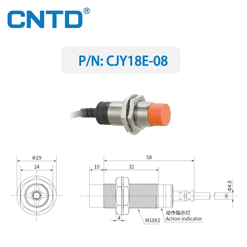 CNTD CJY18E-08 IP67 Inductive Proximity Sensor with Inside Surge Protection Cylindrical Type with Orange Head