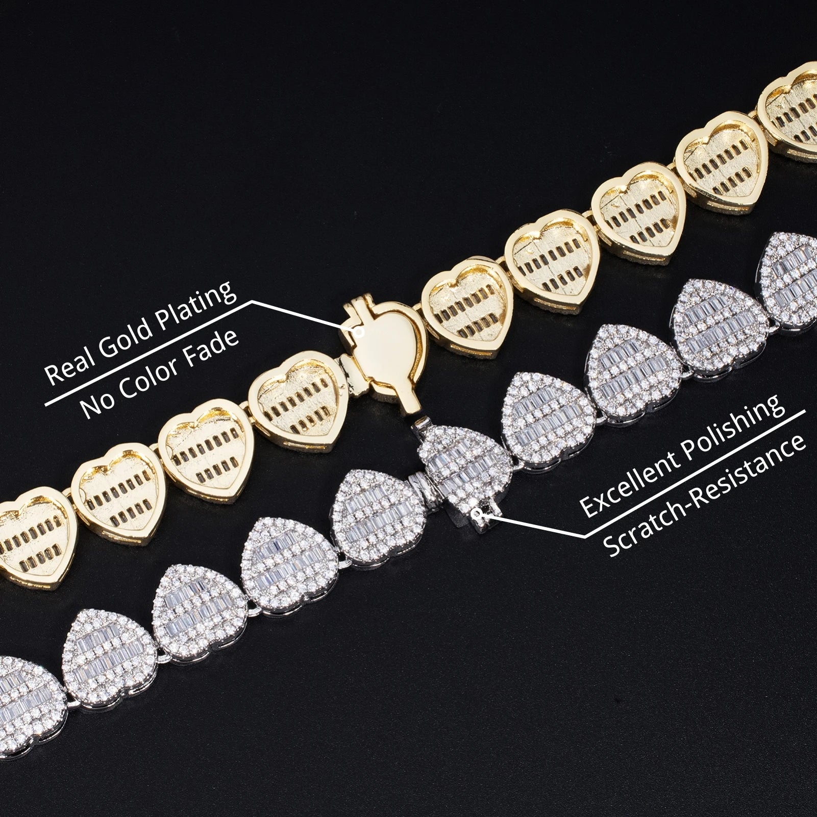 Fashion Bling Bling Baguette Stones Heart Necklace Iced Out Baguette Necklace Full CZ Brass 18K Gold Plated Gift Jewelry