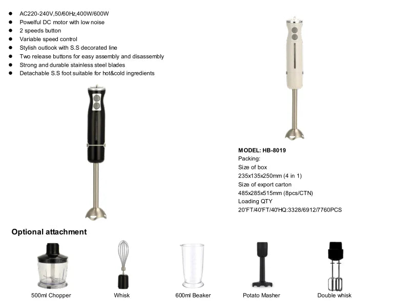 400W Home Appliances Immersion Electric Hand Blender