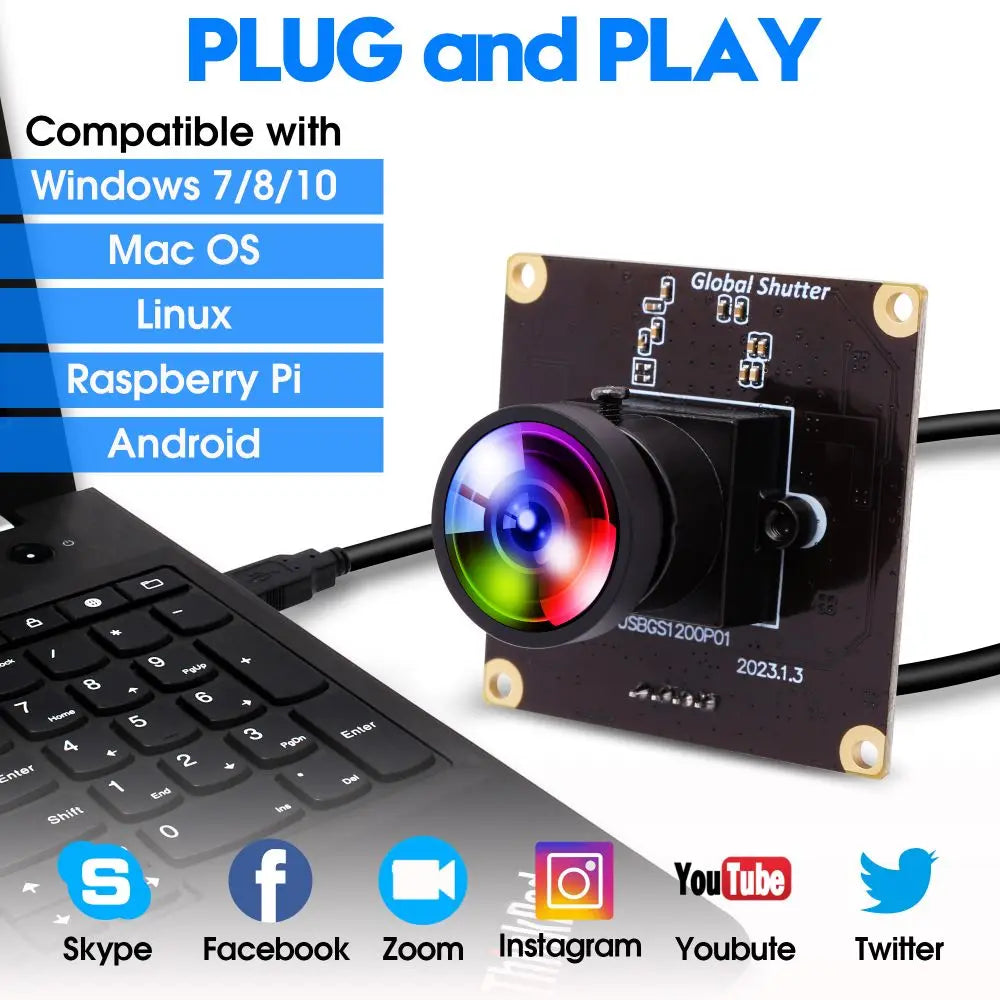 ELP 1200P HD Global Shutter USB Webcam Module High Speed 90fps Small Mini Cameras with CCTV No Distortion M12 Lens