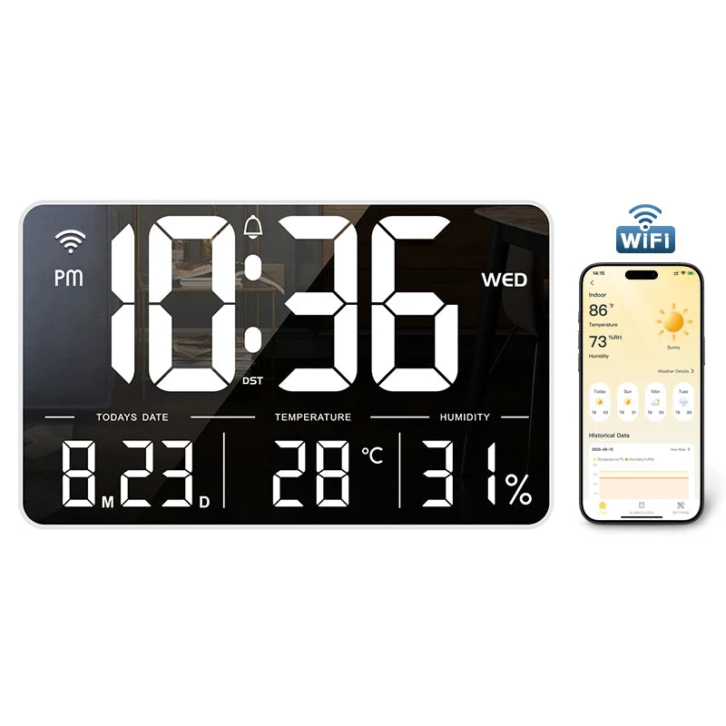 Digital LCD 13inch Mobile Phone App Operation Day Date Temperature Humidity WiFi Weather Desktop and Wall Alarm Clock