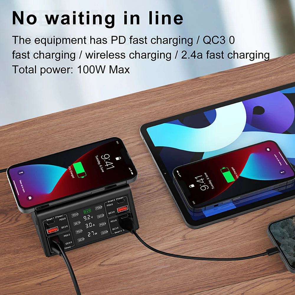 EONLINE 3D Nine Tailed fox 100W QCPD3.0 USB Charger Wireless Chargers Quick Charge 8 Port Fast Charger Charging Station for IPho