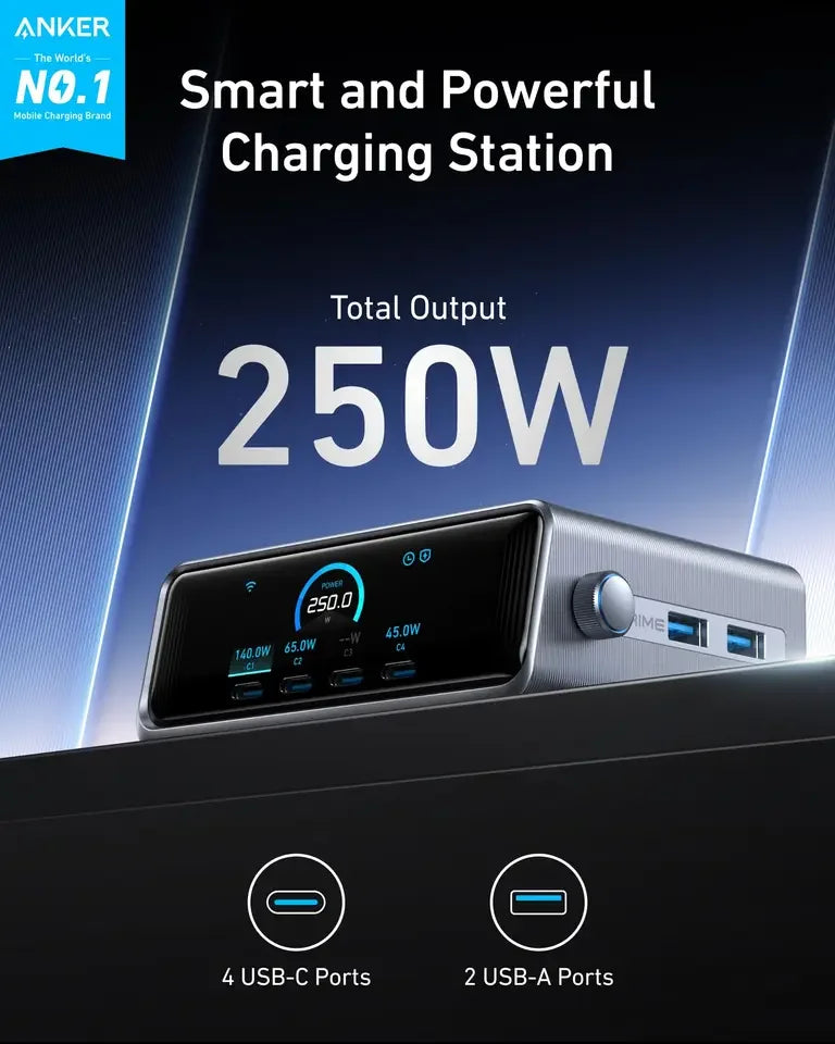 Anker Prime Charger 250W GaN Ultra-Fast 6-Port USB C Charging Station with 2.26\" LCD Display and Smart Control Dial A2345
