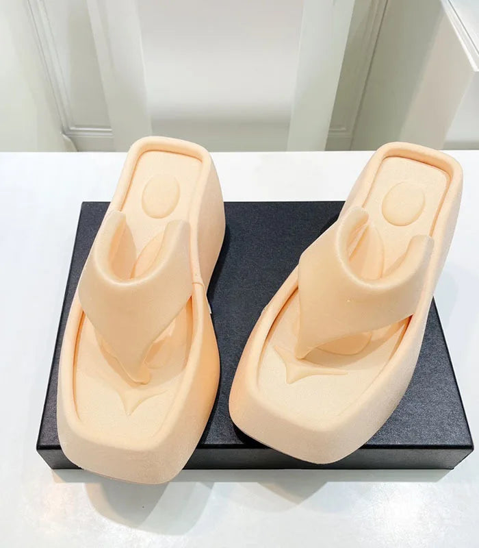 Women Spring Summer Sandals Beach Thick Sole Platform Slippers Slip-on Personalized Square Head High Wedge Flip Flops