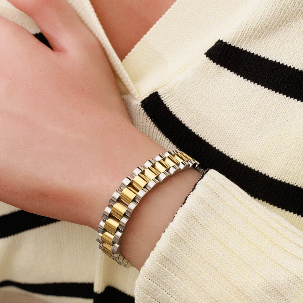 Fashion Waterproof Chunky Jewelry 18K Gold Plated Stainless Steel Wristwatch Chain 10mm Wide Watch Band Bracelet YF3137-1