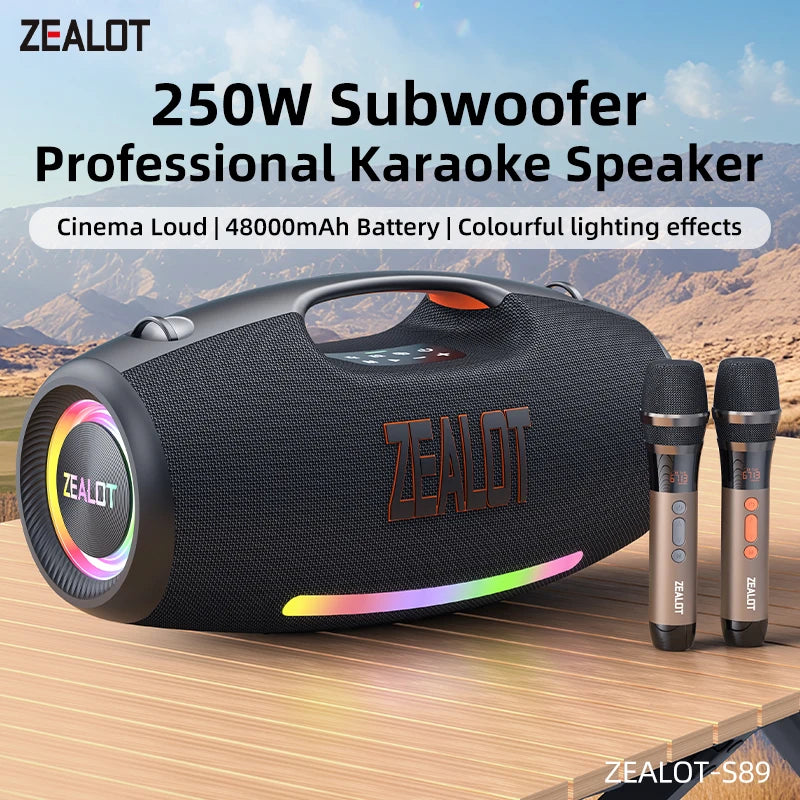 ZEALOT S89 250W Powerful Speaker with 2 Wireless Microphones, RGB Lights with Shoulder Strap, Perfect for Home & Outdoor Party
